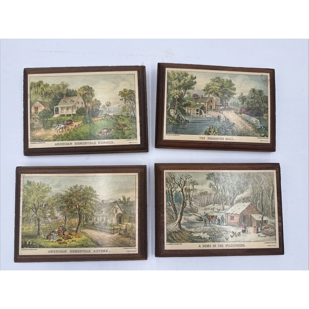 Vtg Currier Ives Style Wood Plaque Wall Art Set Seasons Cottage Farm Homestead